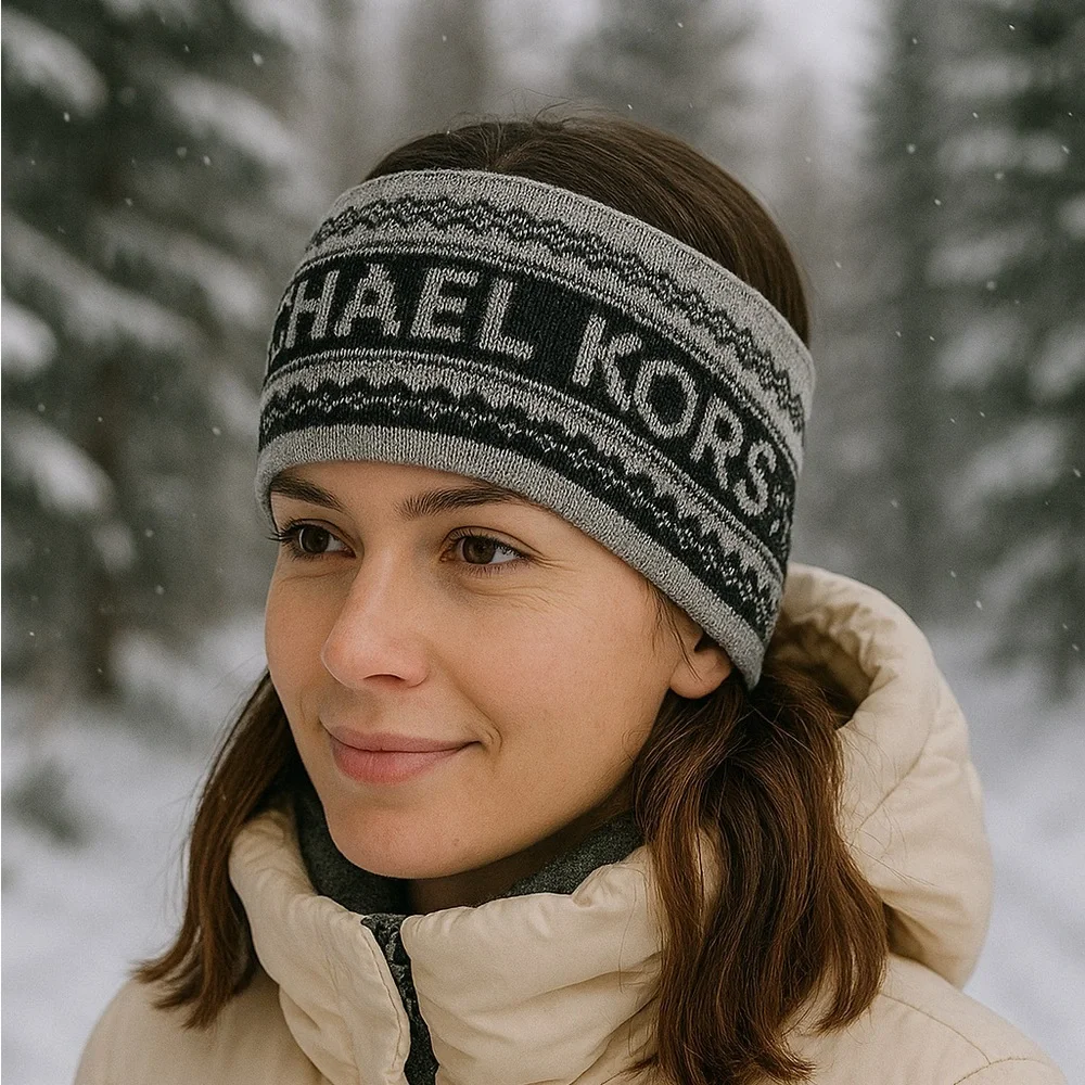 Michael Kors Metallic Fair Isle Knit Headband Head Warmer Jacquard Logo New!